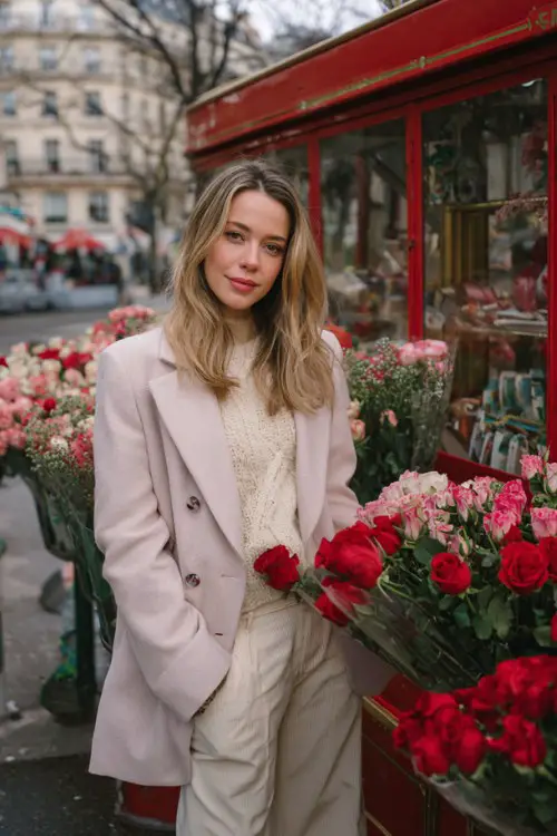 A woman wears a light pink blazer-style wool coat over a mock-neck sweater and flared trousers, red gloves in hand