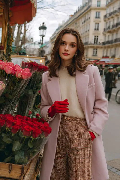 A woman wears a light pink blazer-style wool coat over a mock-neck sweater and flared trousers, red gloves in hand
