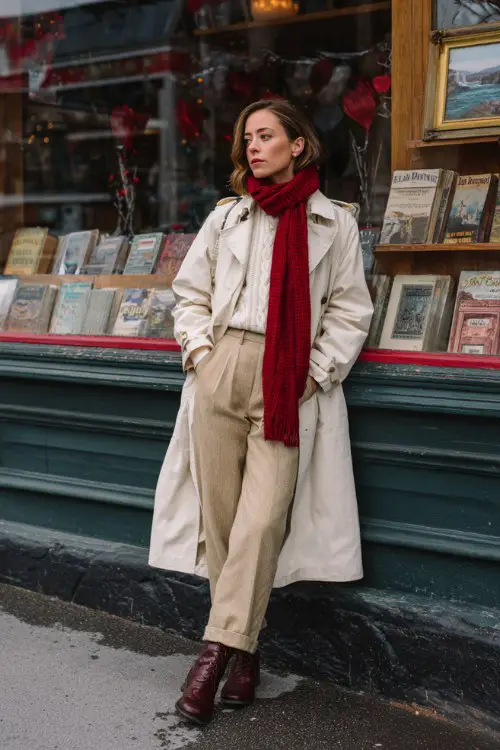 A woman wears a long cream trench coat over a white cable-knit sweater and wool trousers, styled with a red cashmere scarf and polished leather boots