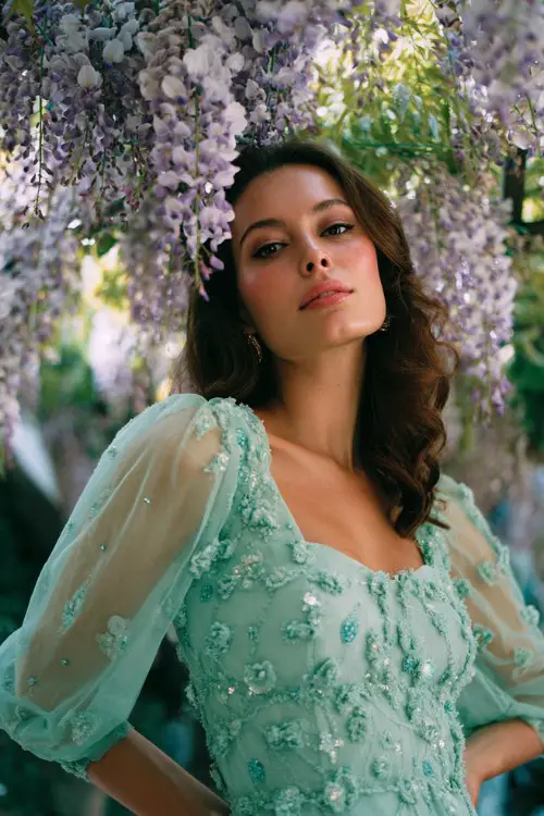 A woman wears a mint green dress with sheer bishop sleeves, a fitted bodice, and scattered sequin flower appliqués