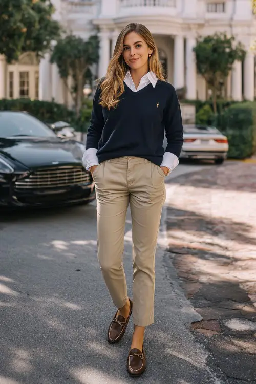 A woman wears a navy blue V-neck sweater layered over a white collared shirt with beige tailored trousers and brown leather loafers