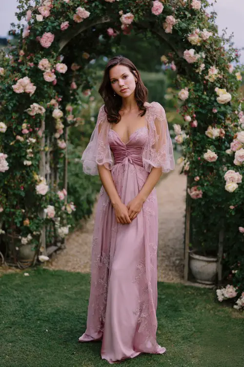 A woman wears a pale lavender A-line gown with sheer embroidered floral sleeves and a matching detachable cape flowing from the shoulders