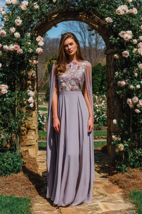 A woman wears a pale lavender A-line gown with sheer embroidered floral sleeves and a matching detachable cape flowing from the shoulders