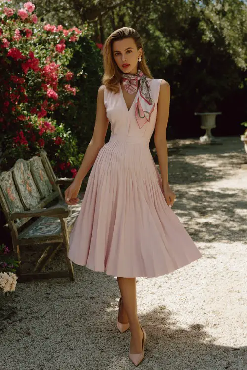 A woman wears a pale pink fit-and-flare midi dress with subtle pleating and a bateau neckline, paired with pearl studs, kitten heels