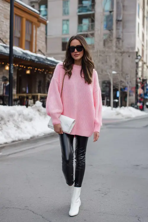 A woman wears a pink oversized knit sweater with faux black leather leggings and white ankle boots