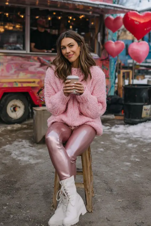 A woman wears a pink oversized knit sweater with faux leather leggings and white ankle boots
