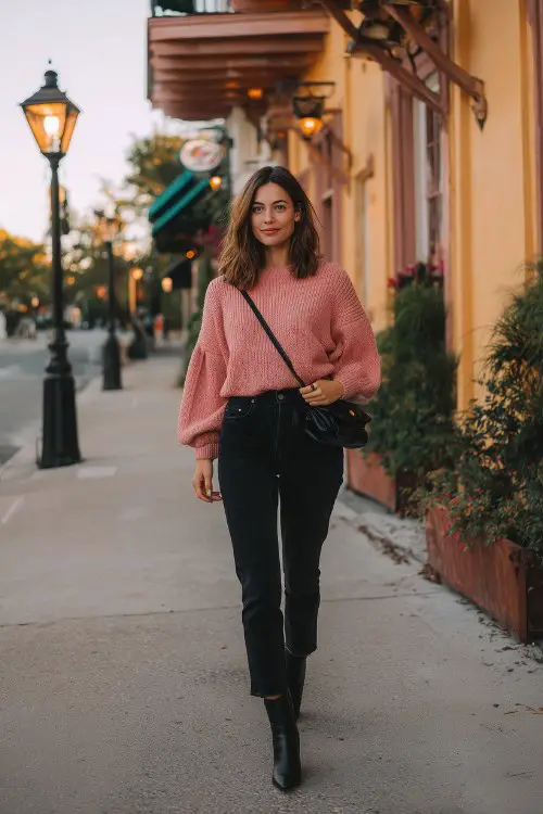A woman wears a pink sweater with black jeans and black ankle boots