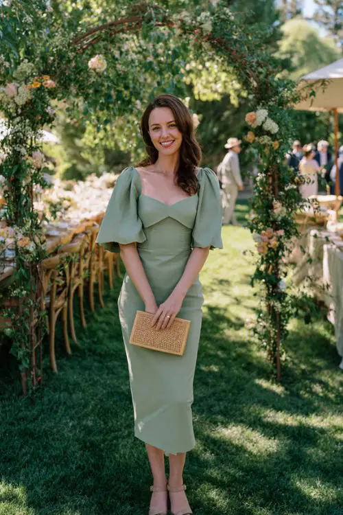 A woman wears a pistachio green midi dress with scalloped hem, cutout back, and flutter sleeves