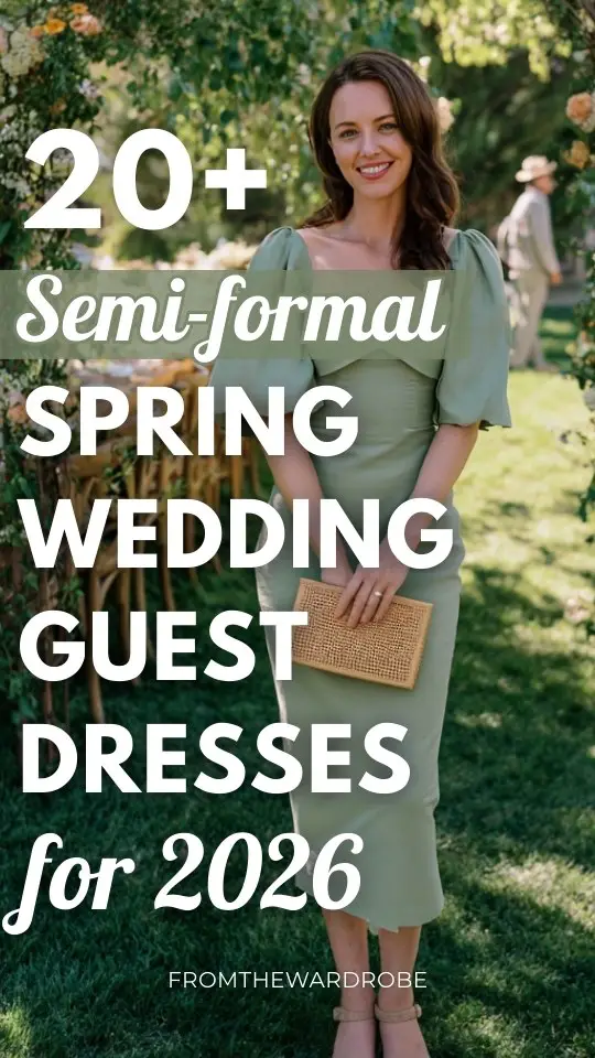 A woman wears a pistachio green midi wedding guest dress with scalloped hem, cutout back, and flutter sleeves for a semi-formal wedding