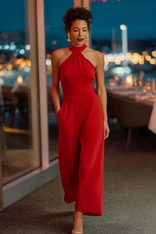 A woman wears a red halter-neck jumpsuit with wide legs, styled with crystal earrings and stiletto heels