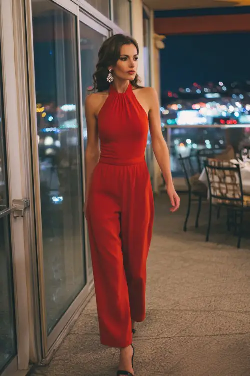 A woman wears a red halter-neck jumpsuit with wide legs, styled with crystal earrings and stiletto heels