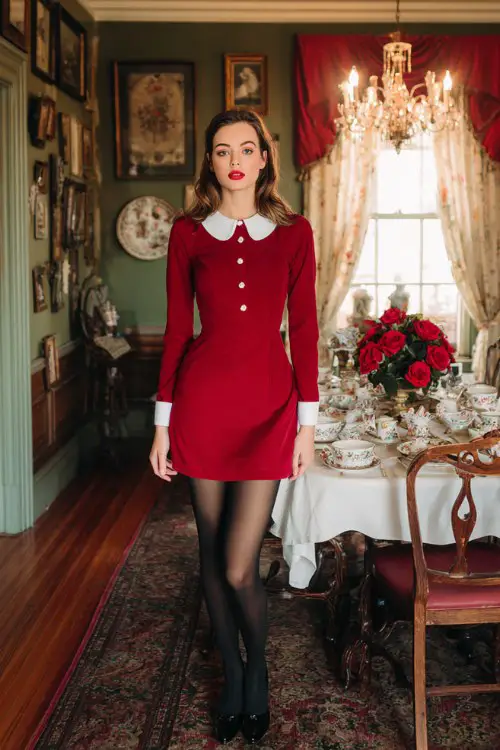 A woman wears a red wool short dress with a structured white collar and cuffs, sheer black tights, and classic pumps