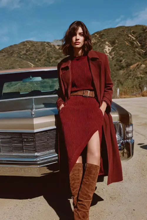 A woman wears a ruby red ribbed knit dress with a thigh slit, paired with a belted coat and tall brown suede boots