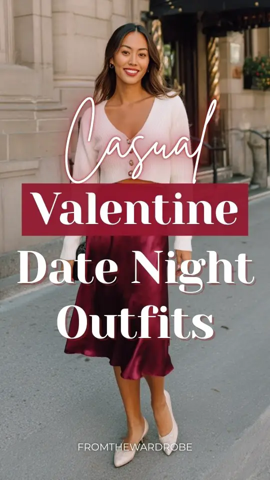 A woman wears a satin burgundy midi skirt, a cropped white cardigan with pearl buttons, and ballet flats outfit for a casual Valentine date night