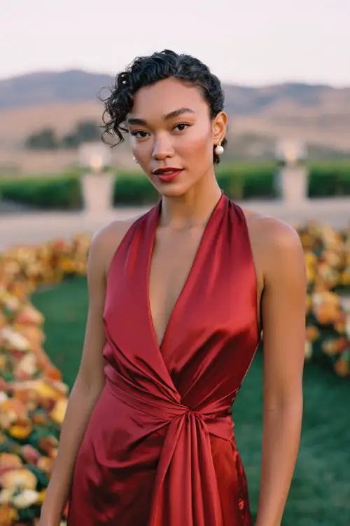 A woman wears a scarlet cowl-neck bias-cut gown with a dramatic satin bow at the back, paired with pearl earrings