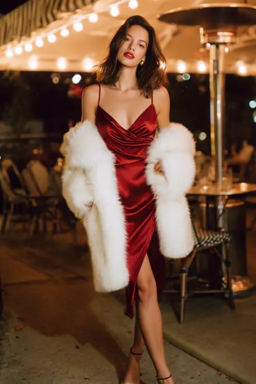 A woman wears a silky red slip dress with a draped neckline, a white faux fur shawl, and strappy heels