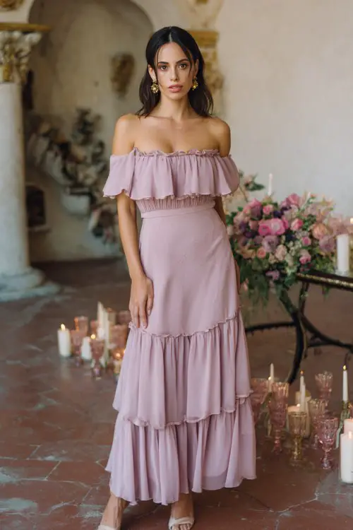 A woman wears a soft lilac off-shoulder dress with ruffled tiers and embroidered roses, paired with blush heels