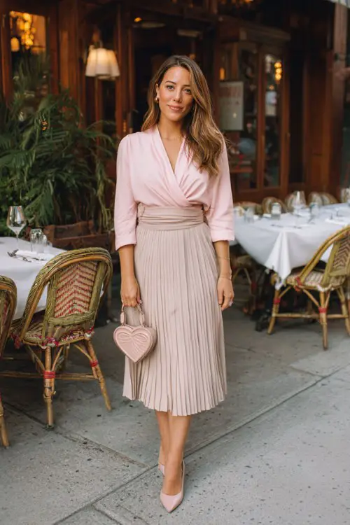 A woman wears a soft pink wrap blouse tucked into a midi pleated skirt, styled with dainty heels and a mini heart-shaped bag