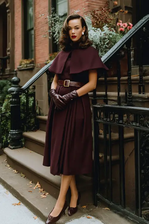 A woman wears a structured burgundy midi dress with a belted waist and a wool capelet draped around her shoulders, styled with suede gloves and heeled loafers