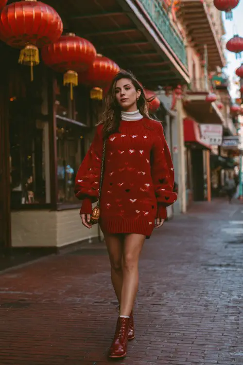 A woman wears a sweater dress with heart embroidery, styled with a white turtleneck layered underneath, ankle boots