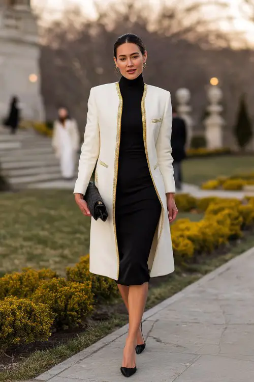 A woman wears a tailored white midi coat with gold trim layered over a fitted black turtleneck dress and black kitten heels