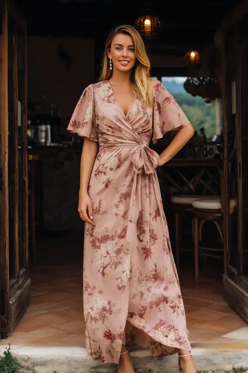 A woman wears a wrap floral pink dress with flutter sleeves