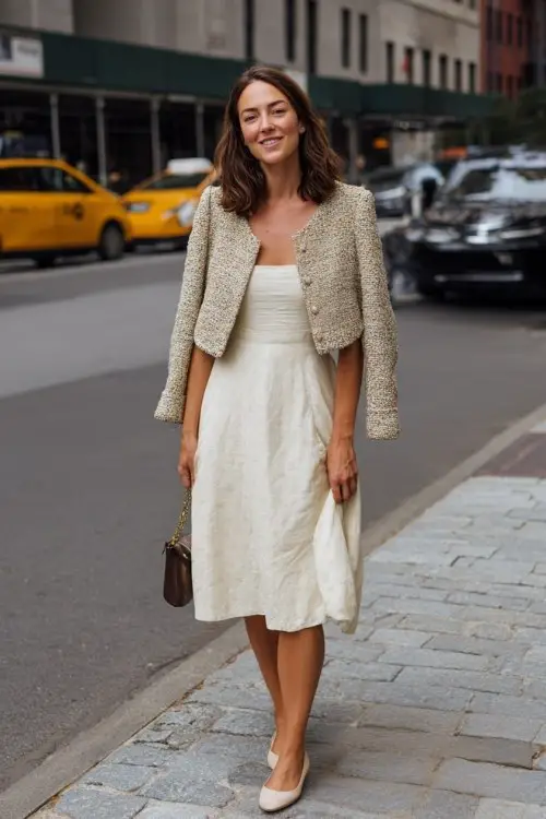A woman wears an ivory sundress with a cropped tweed jacket and ballet flats, on the street