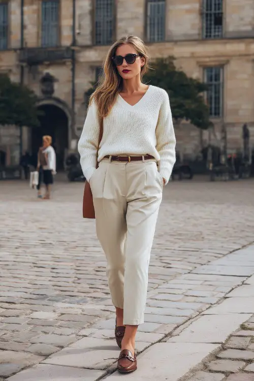 A woman wears an old money outfit with a cream sweater, beige trousers, and brown loafers, styled with sunglasses and a leather belt