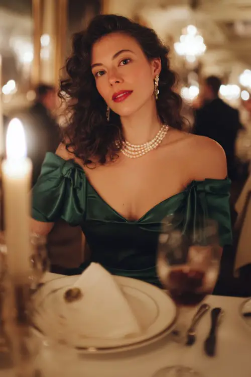 A woman wears an old money outfit with an emerald green silk gown with delicate jewelry and soft curls for a dinner night