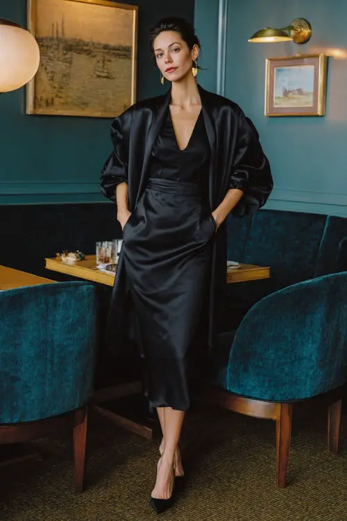 A woman wears an old money style black midi sheath dress with a silk shawl and pointed toe pumps for a dinner night