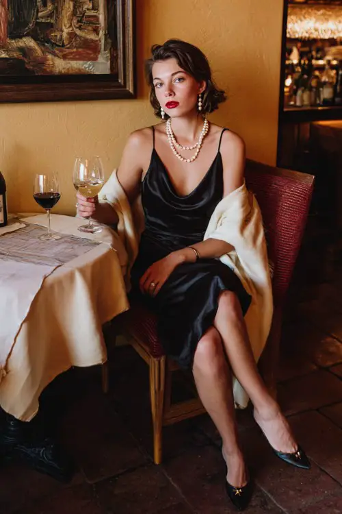 A woman wears an old money style dinner date night outfit with a black silk slip dress with a draped neckline, paired with a cream cashmere shawl, pearl earrings, and kitten heels