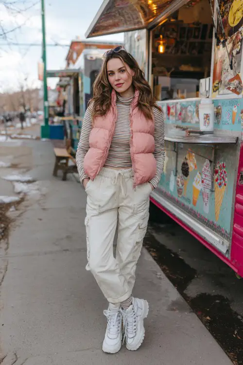 A woman wears boyfriend jeans, a blush puffer vest over a striped turtleneck, and white lace-up boots