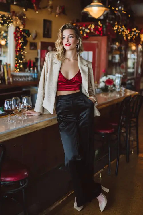 A woman wears flared black pants, a silky red cami, a cropped beige jacket, and heels, leaning on a bar counter with wine glasses