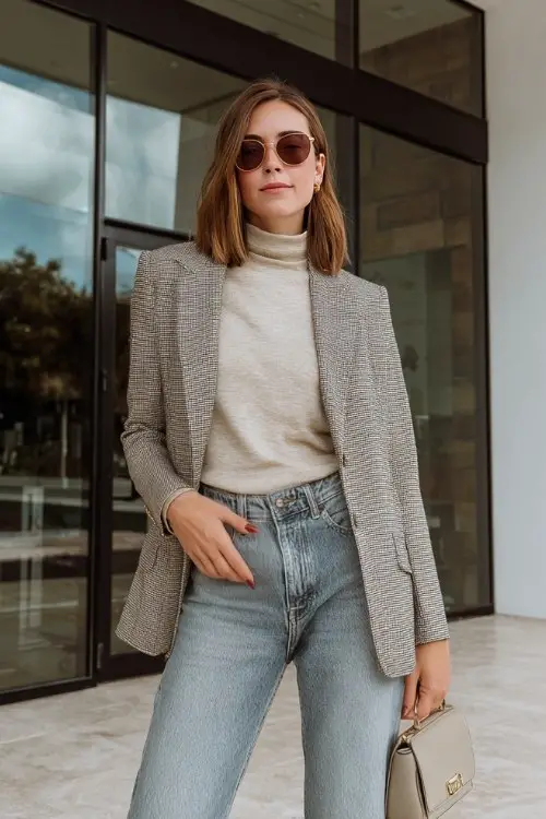A woman wears tailored jeans with a beige turtleneck and a gray blazer, holding a small structured handbag in front of a minimalist glass storefront