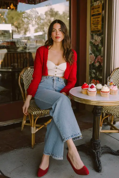 A woman wears wide-leg denim, a cropped red cardigan over a white tank, and kitten heels, sitting at a small outdoor bistro table