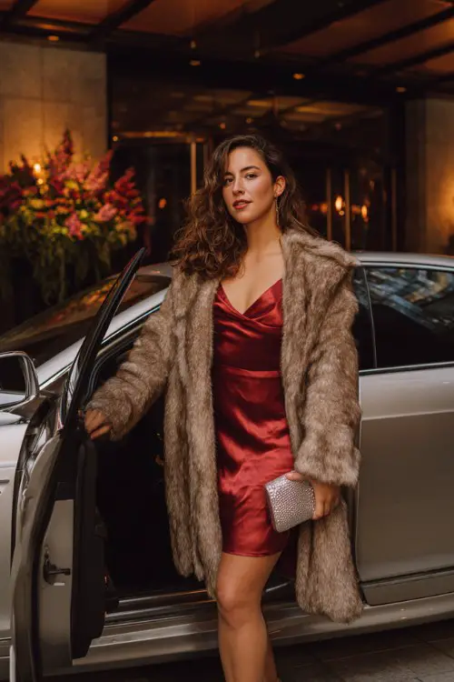A woman with curves wears a sleek red satin slip dress under a faux fur cropped coat, metallic clutch in hand