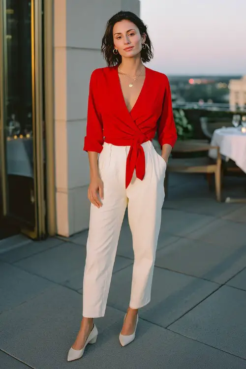 An elegant woman in a bright red wrap blouse with a tie detail and straight-cut white trousers