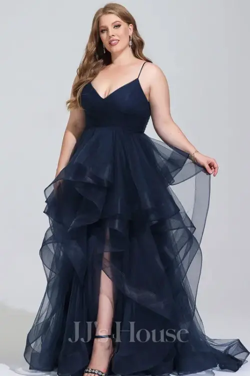 Ball-GownPrincess V-Neck Sweep Train Tulle Prom Dresses