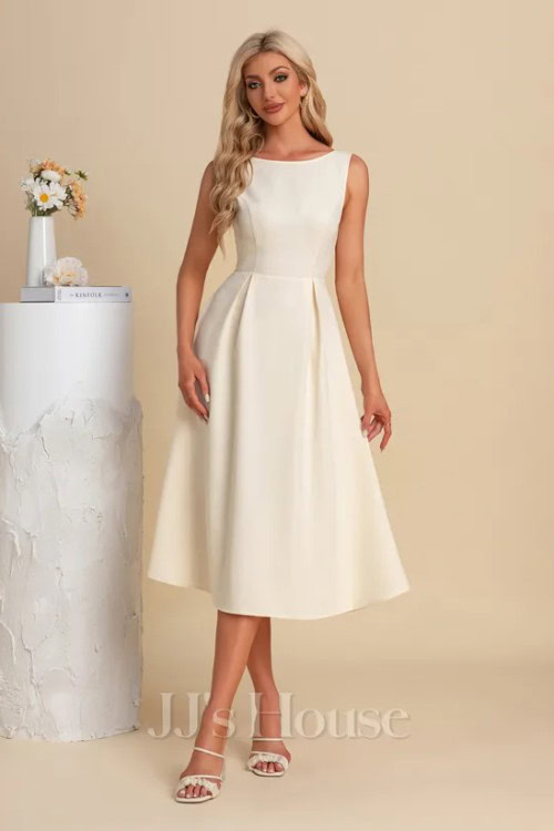 Boat Neck Sleeveless A-line Stretch Crepe Midi Dress