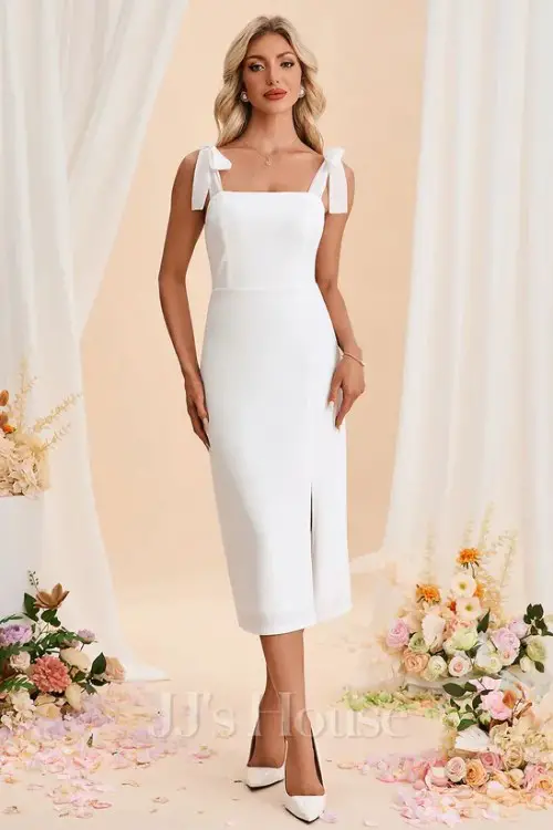 Bow Square Sleeveless SheathColumn Stretch Crepe Midi Dress