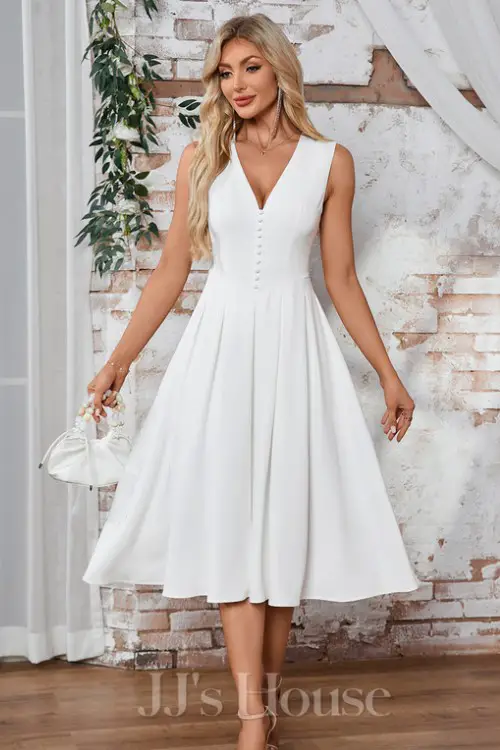 Button V-Neck Sleeveless A-line Stretch Satin Midi Dress