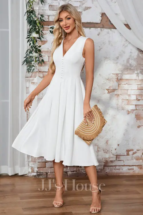 Button V-Neck Sleeveless A-line Stretch Satin Midi Dress