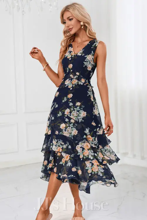 Cascading Ruffles Floral Print V-Neck Sleeveless A-line Chiffon Midi Dress