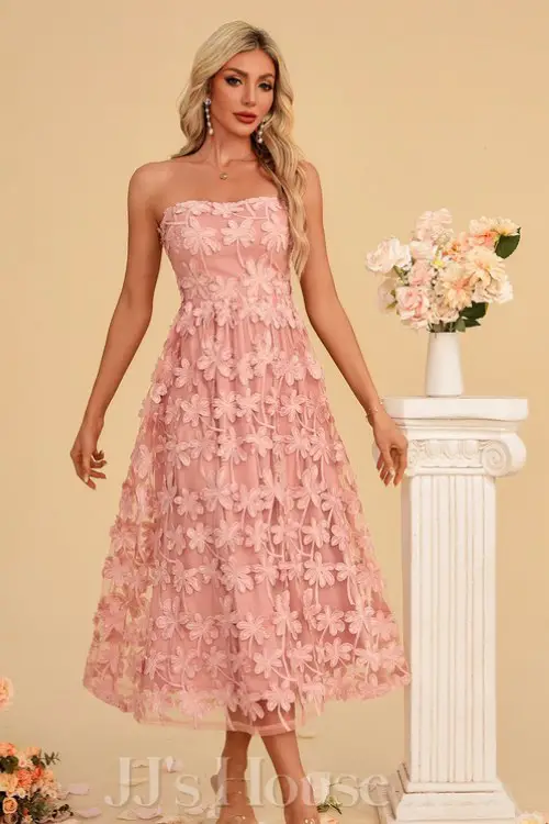 Embroidered Strapless A-line Jacquard Midi Dress