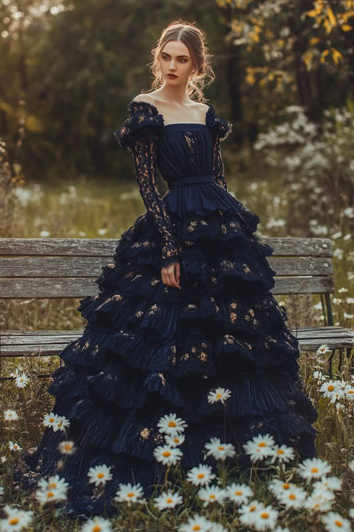 Fashionable woman in a navy tiered gown with a square neckline, long sleeves, and floral embroidery, standing near a spring wedding bench surrounded by daisies