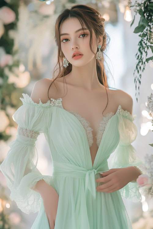 Fashionable woman in a pastel mint green high-low dress with flutter sleeves and a gathered waist, standing near a brightly lit floral wedding stage