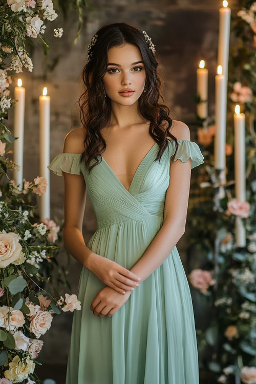 Fashionable woman in a soft mint green tea-length A-line dress with a fitted bodice and flutter sleeves, standing near a floral wedding arch adorned with candles.