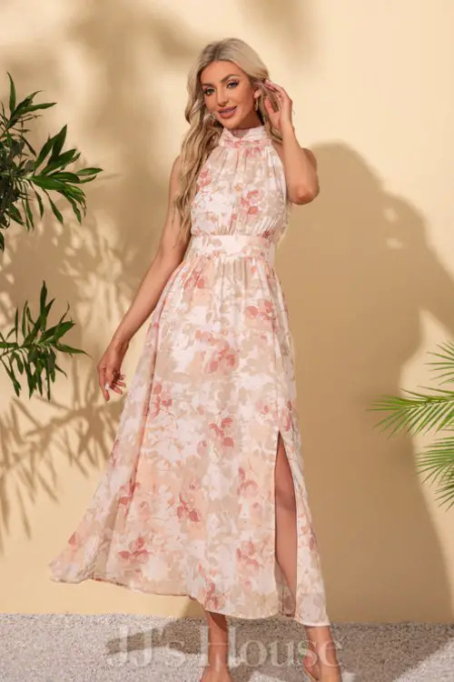 Floral Print Halter High Neck Sleeveless A-line Chiffon Midi Dress