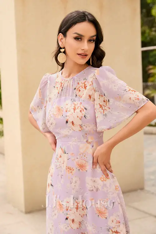 Floral Print Scoop Short Sleeve Flutter Sleeve Sheath_Column Chiffon Asymmetrical Maxi Dress