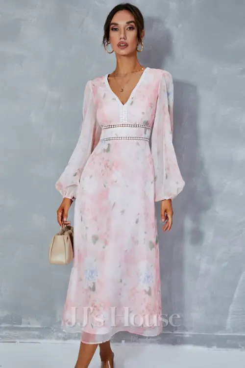 Floral Print V-Neck Long Sleeve A-line Chiffon Midi Dress